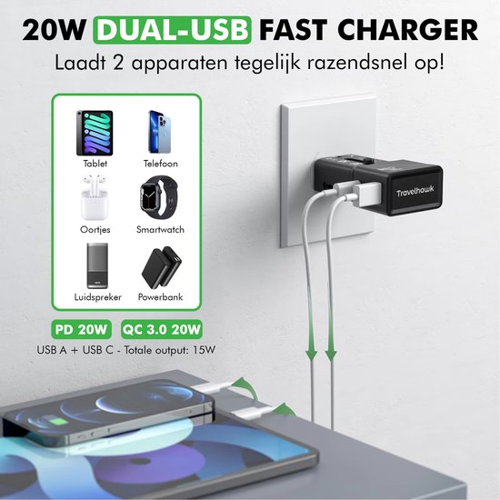 Zwarte 20W dual-USB snellader van Travelhawk, laadt tablet, telefoon, oortjes, smartwatch, luidspreker en powerbank op.