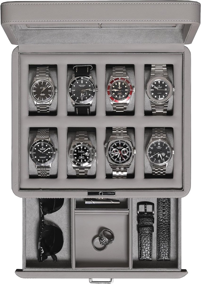 Luxe Horlogedoos voor 8 Horloges met Glazen Deksel en Uitschuiflade voor Accessoires