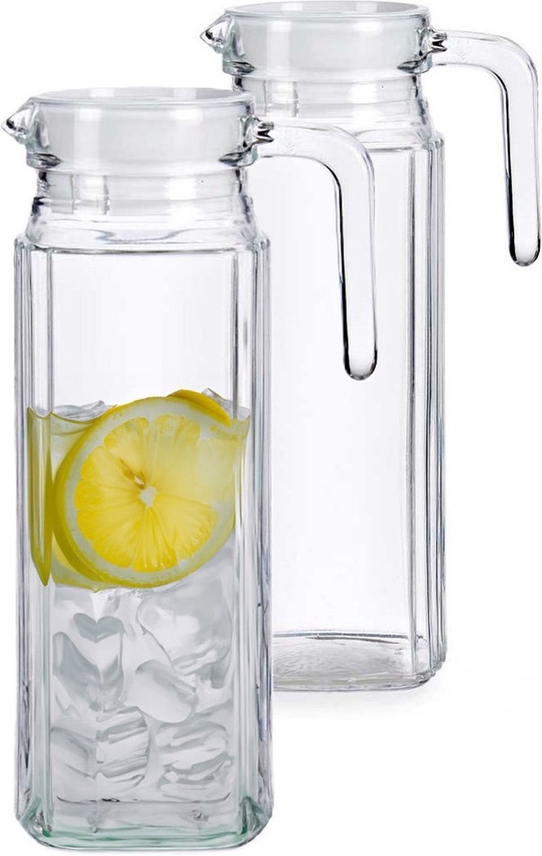 Vivalto schenkkan/water/wijn karaf - 2x - glas - transparant - 1000 ml - D12 x H24 cm - met schenktuit en dop