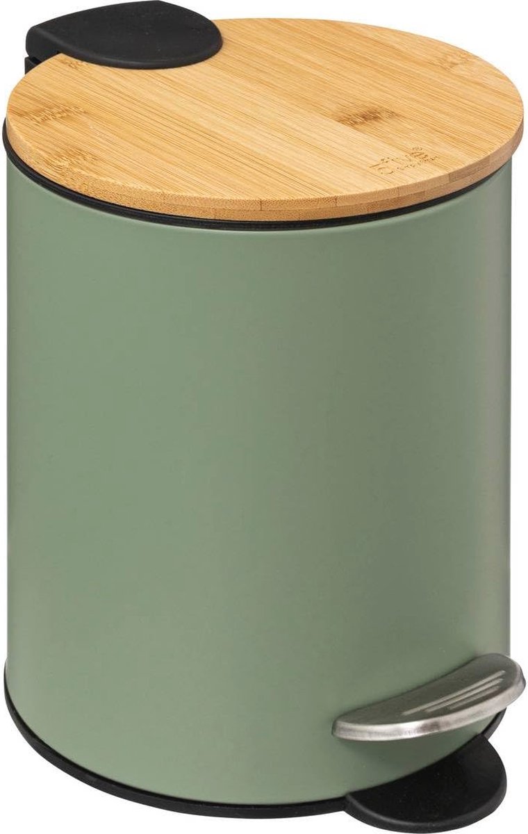 Afvalemmer met deksel van bamboe - 3 liter, kakigroen, metalen design