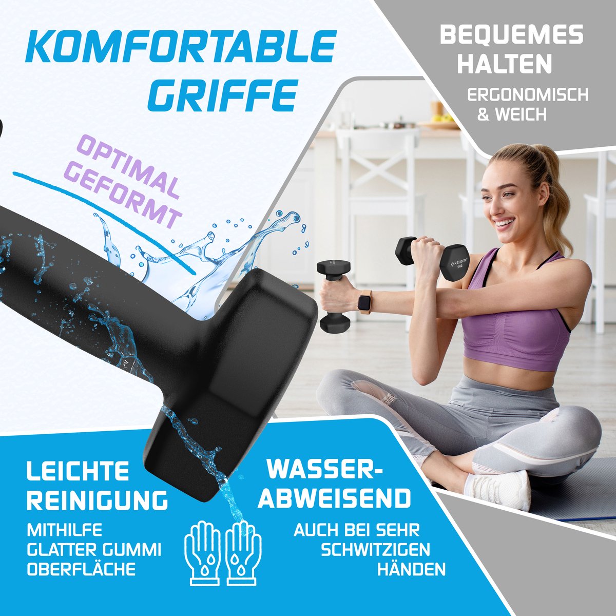 KESSER® Dumbells Set 3 Paren (2x 1, 2 & 5kg) = 18 kg totaal | 6x Dumbbells verstelbaar Geschikt voor Fitness Zumba & Aerobics | Halters Gewichten Set met Standaard | Halterset met oefeningenboekje, 2x fitnessbanden – foto 5
