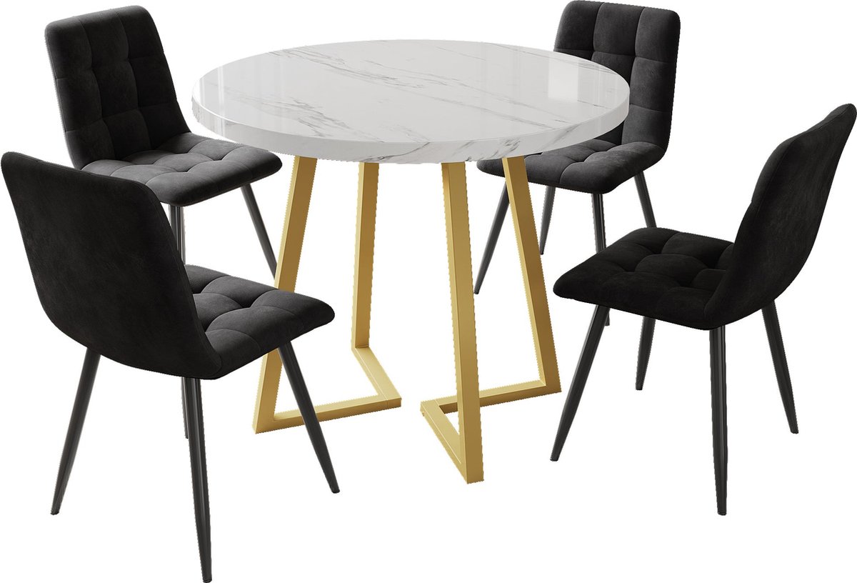 Merax Eettafelset (5-delig) – Ronde Eettafel (Ø80 cm) met 4 Stoelen - Moderne Eetkamerset met Gouden Metalen Poten - Witte MDF-Tafelblad en Zwarte Fluwelen Stoelen