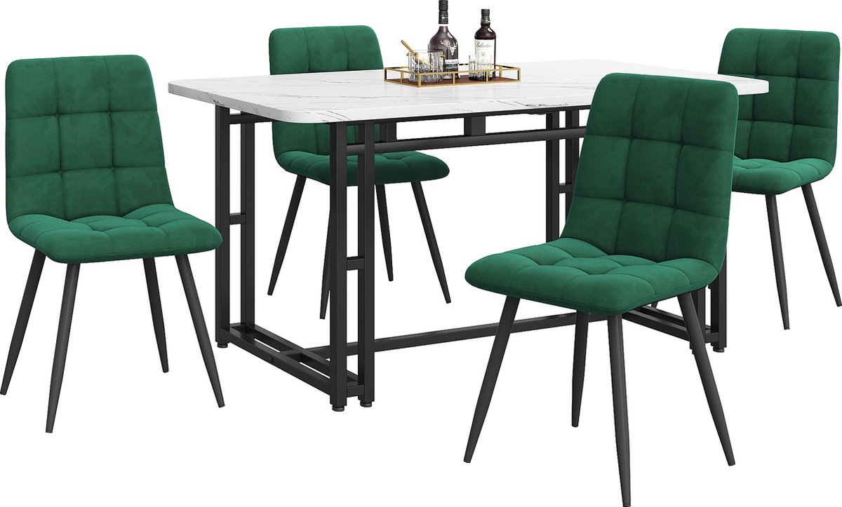 Merax Eetkamerset 5-Delig – Witte Eettafel 140x80 cm met 4 Donkergroene Fluwelen Stoelen – Modern Design