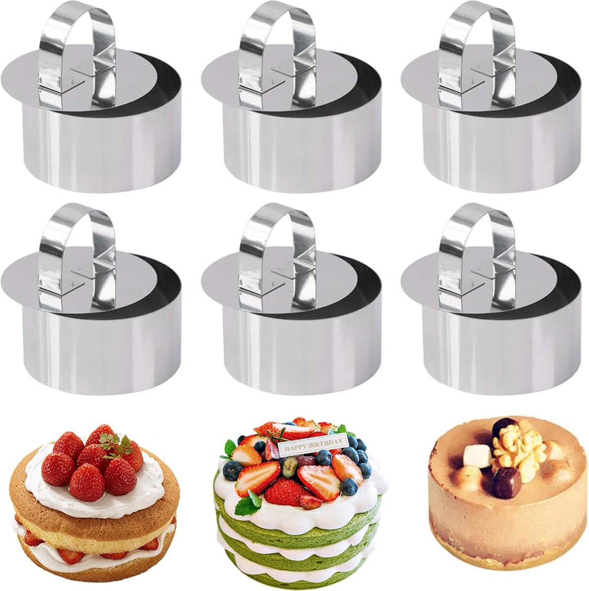 6 stuks roestvrijstalen ronde taartringen dessertringen en dinerringen, moussesjablonen, taartringen, set geschikt dessertring, dinering voor desserts, cake, doe-het-zelf voor of koken