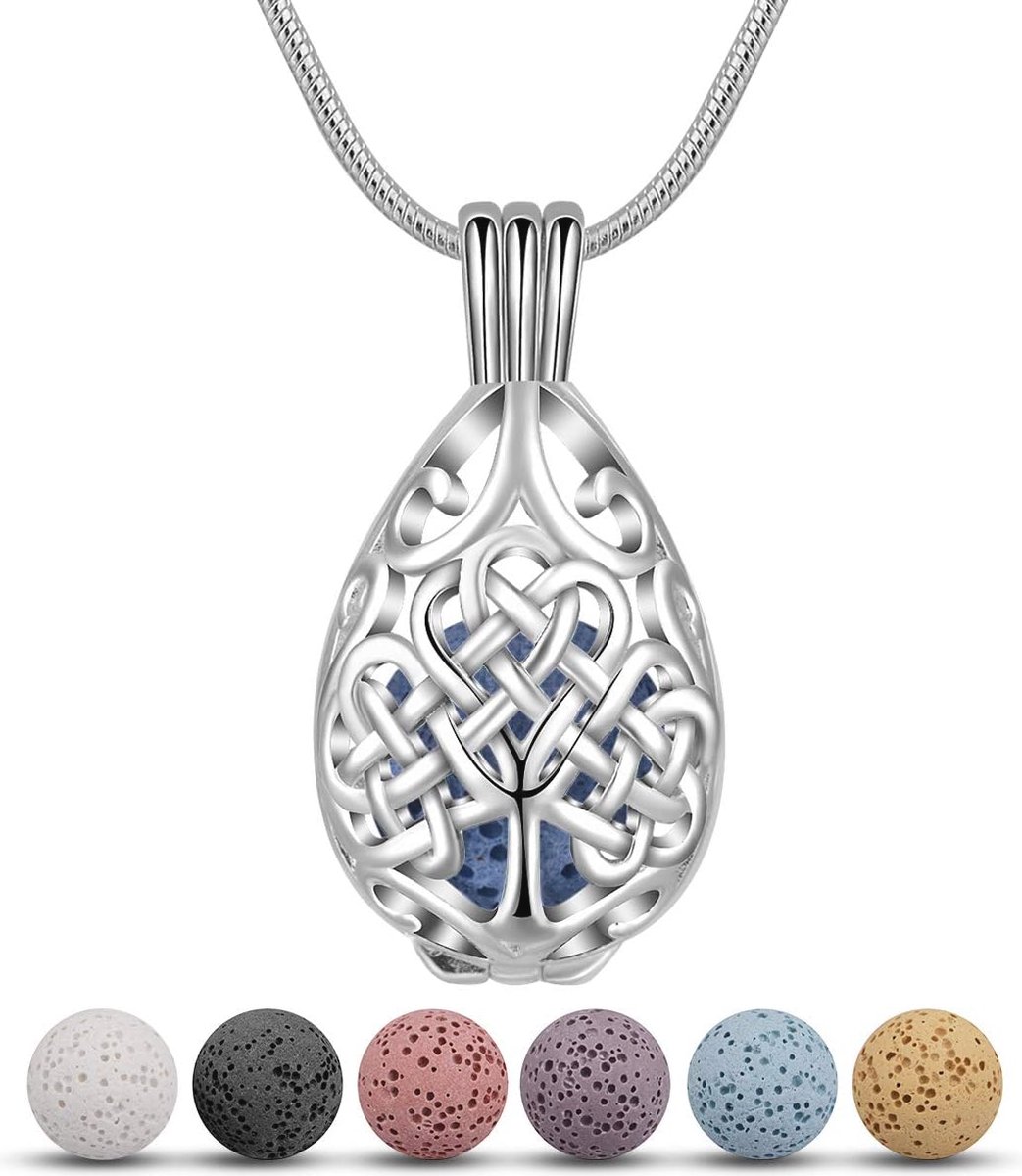 Aromatherapie Medaillon Ketting met Lavastenen en Keltische Levensboom