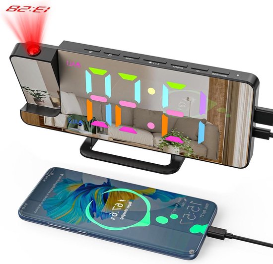 Kleurrijke digitale projectie wekker spiegelwekker met 180 ° projector voor slaapkamer - USB-opladen - 12/24 uur weergave - 5 dimmer niveaus - sluimerfunctie