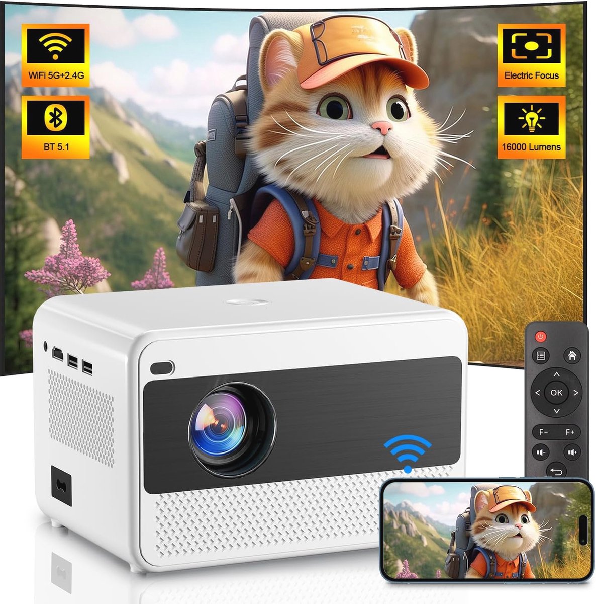 Draagbare Full HD 1080p Mini Projector met WiFi en Bluetooth – 200 Inch Beeldscherm