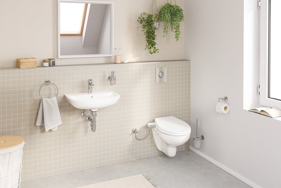 Moderne badkamer met toiletborstel naast het toilet.