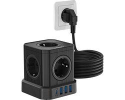 Voomy Cube 5M Stekkerdoos met USB-C 20W Snellader - Met Schakelaar - 5 Stopcontacten - 4 USB Poorten - Powercube - 5 Meter Verlengsnoer - Zwart