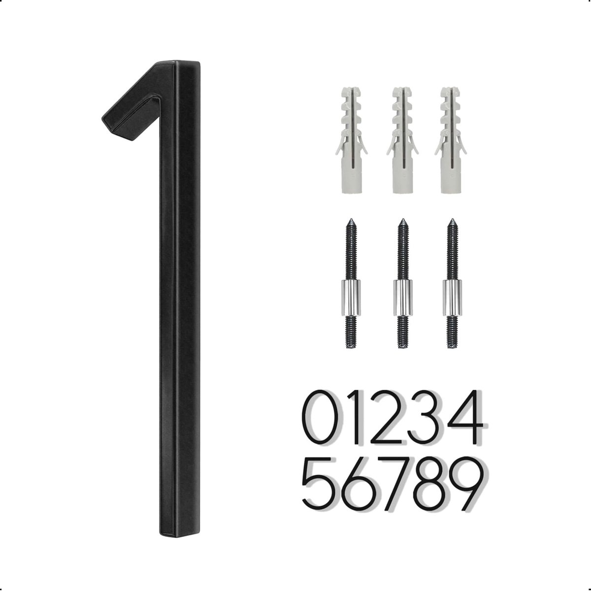 Moeve Huisnummer Zwart - Nummer 1 - 130 mm - 3D - Huisnummers roestvrij aluminium - incl. Bevestigingsmateriaal