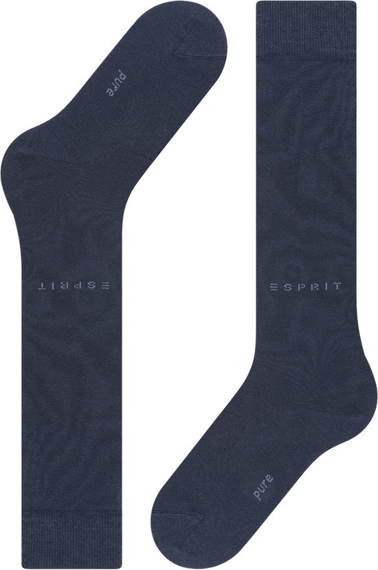 Blauwe kniekousen, één met 'esprit' en 'pure' logo, de andere met maatindicatie.