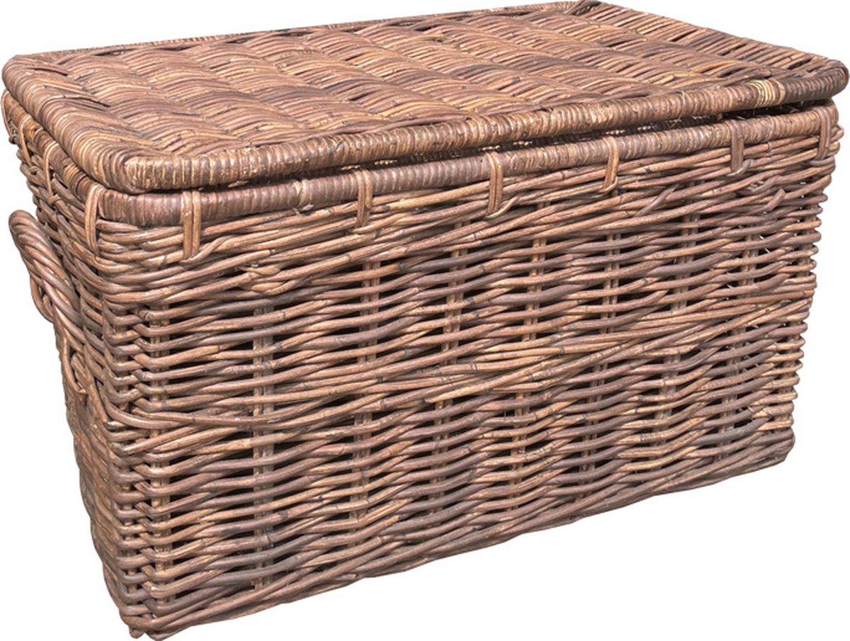 Rieten Mand Antiek Paula - 76x46xH43 cm - Antiek Bruine Rieten Mand - Met Deksel - Met Handvaten
