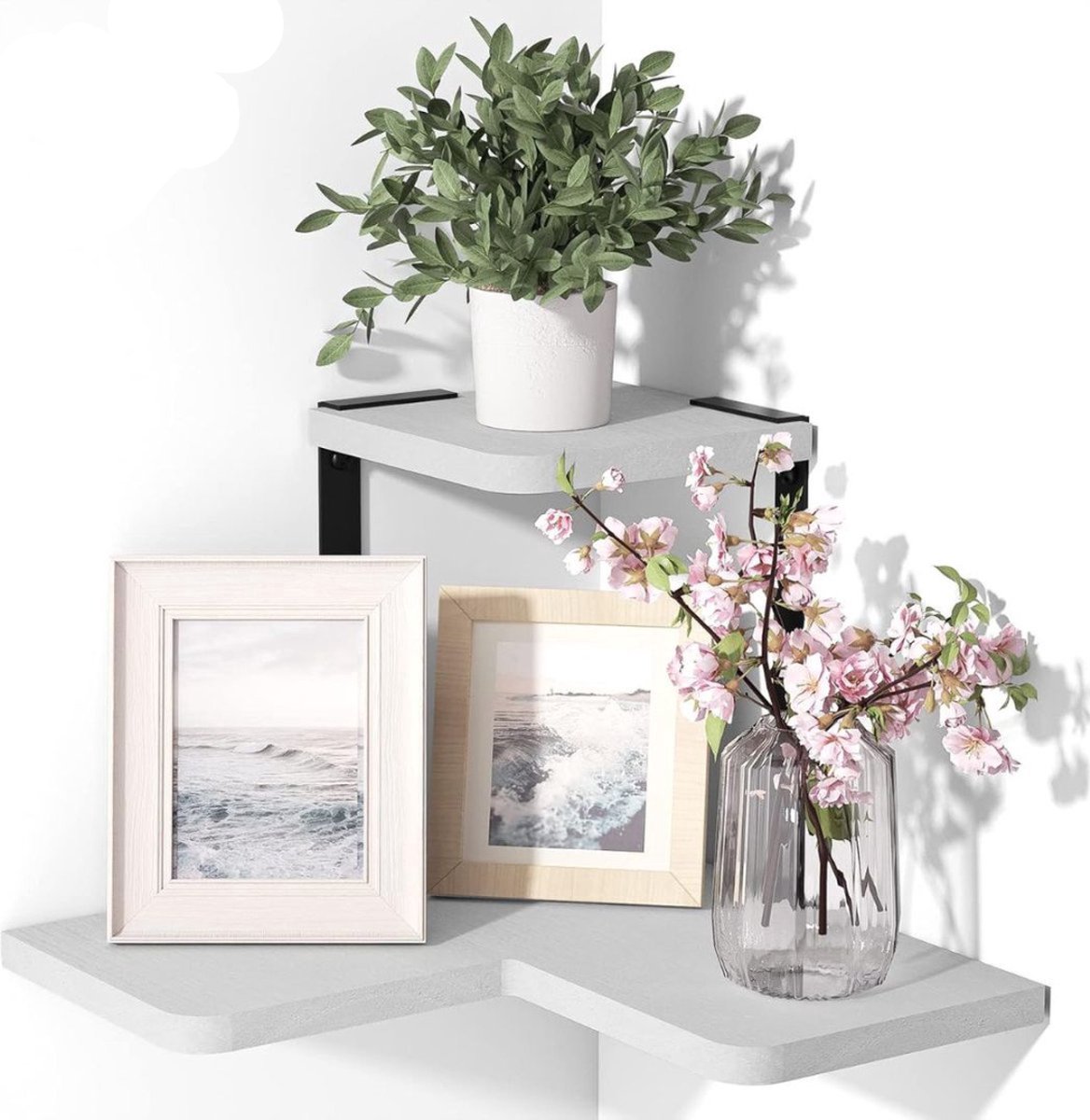 Wandplank - Houten Plank Wandmontage - Hoekrek Display Decor - Hoekplank - Organizer voor Slaapkamer Keuken Badkamer - 3 Stuks - Wit