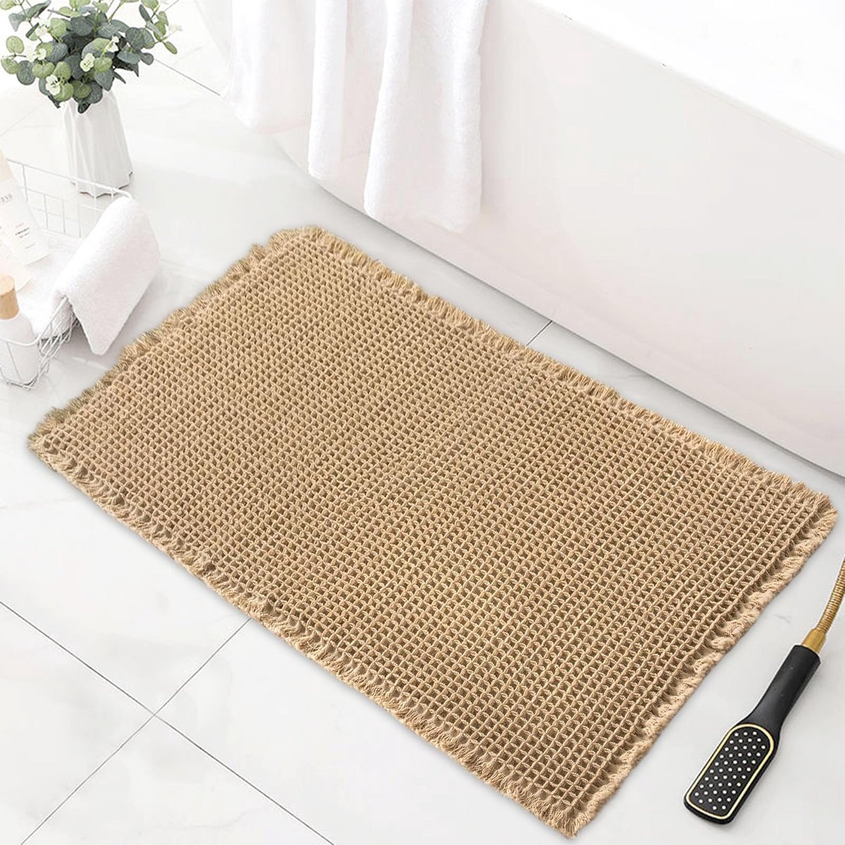 La'Moussawi ® Binnenhuis Antislip Badmat met Wafelstructuur en Kwastjes in Aardetint