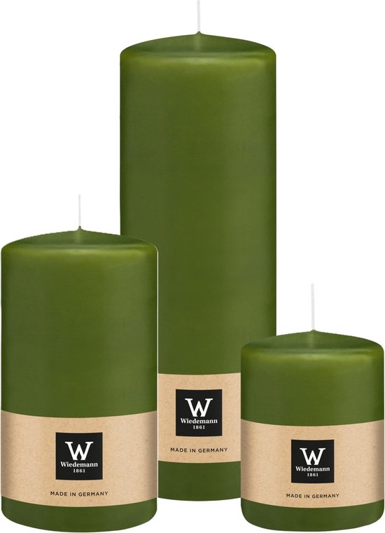 Bougies cylindriques/piliers Wiedemann - lot de 3 - vert olive - 6x8/7x13/7x20 cm