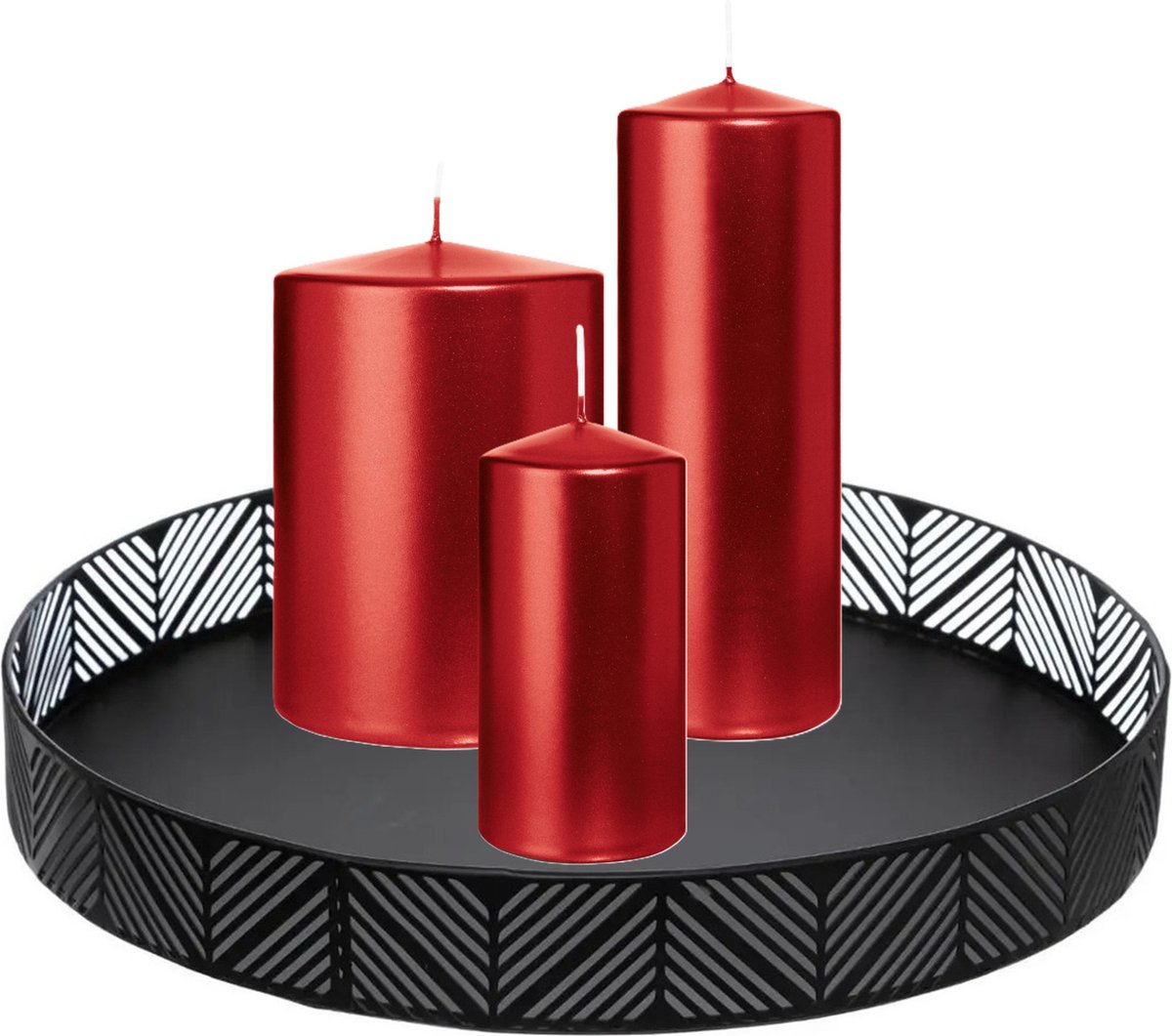 Wiedemann Cilinderkaarsen - stompkaarsen set - op zwart dienblad van metaal - 3x stuks - rood - 6 x 12 - 10x15 - 7x20 cm Donkerrood