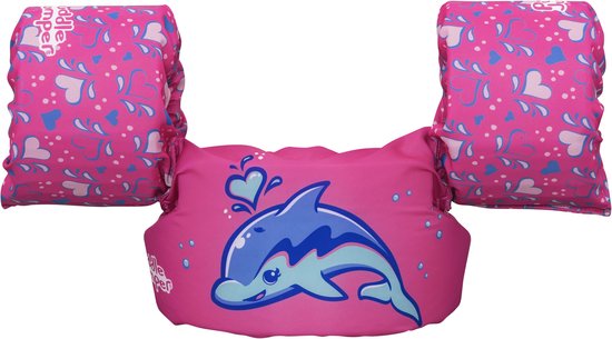 Roze zwembandjes met blauwe dolfijn en hartjesprint. Geschikt voor kinderen van 15-30 kg.