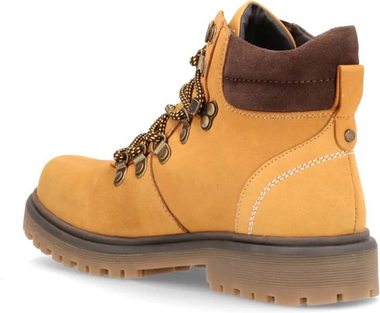 Gele leren veterboot met bruine details en dikke zool.