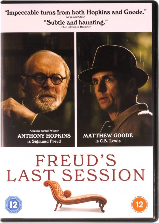 De voorkant van de DVD-hoes van 'Freud's Last Session' met Anthony Hopkins als Sigmund Freud en Matthew Goode als C.S. Lewis.