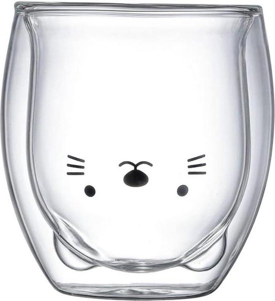 Schattige kattenmok, dubbelwandige kattenbeker met kattenmotieven en lepel. Een ideaal