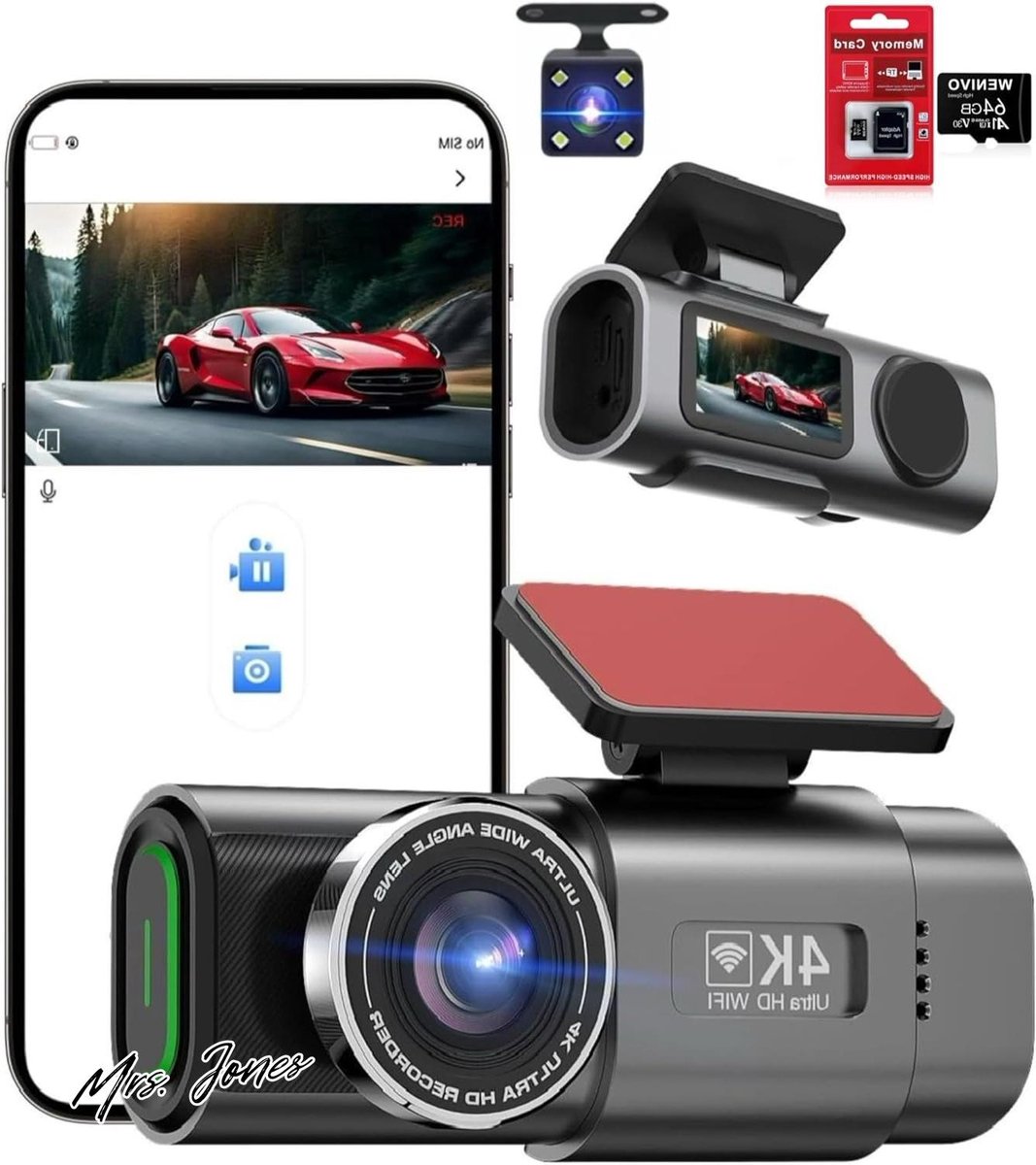 Mrs. Jones 4K Voor Achter Dashcam Auto Van Beveiliging Parkeren Mini Dash Camera Video DVR Recorder Wi-Fi APP GPS Tracker IPS Scherm Nachtzicht G-Sensor 170 Groothoek WDR 24 uur Parkeermonitorkit 64GB Streepje Street 1015 .