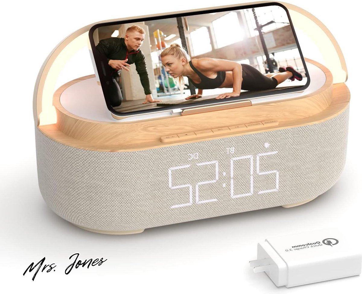 Mrs. Jones Digitale wekkerradio met draadloze oplader - Bluetooth-luidspreker met USB-oplader - Slimme wekker sluimerfunctie - Inductief laadstation - Nachtlampje dimbaar led-display - Back-upvoeding op .