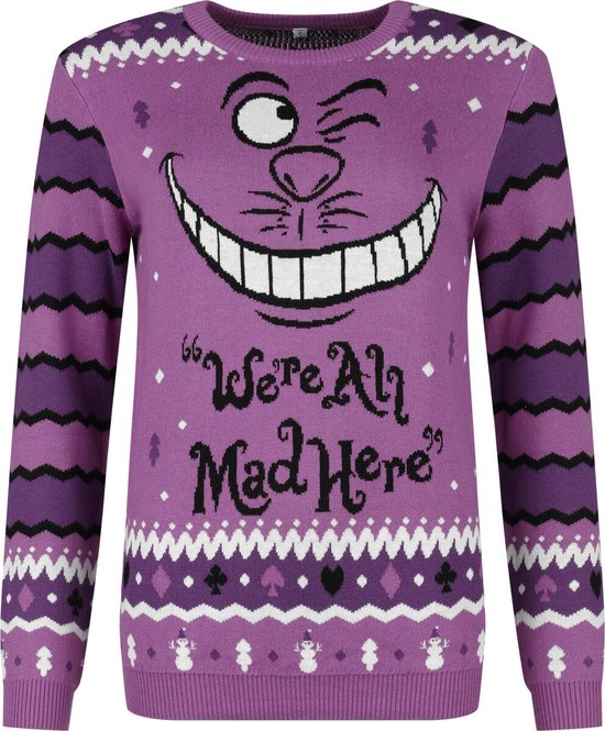 Paarse Alice in Wonderland trui met Cheshire Cat gezicht en de tekst 'We're All Mad Here'.