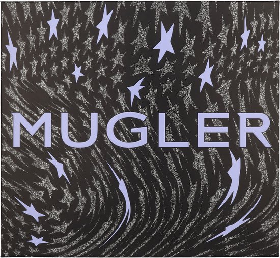 Mugler geschenkdoos met zwarte en zilveren sterren- en golfprint.