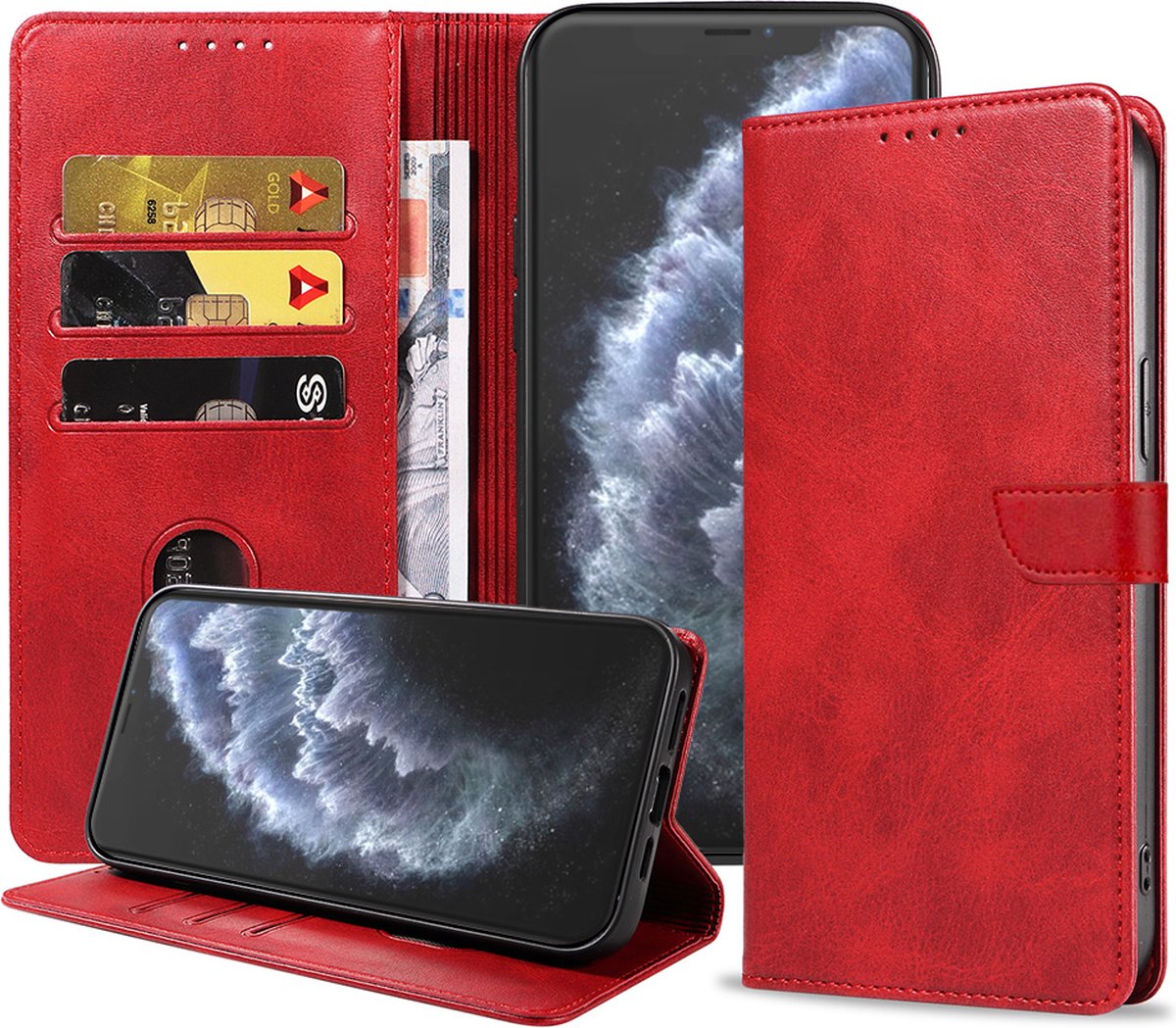 Geschikt voor iPhone 11 Pro Max Telefoonhoesje Kunstleer met Magnetisch lipje en Pasjeshouder Book Case met Klepje - Rood - Smartphonica geschikt voor iPhone 11 Pro Max