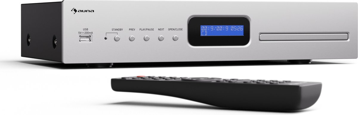 Auna Art22 CD-speler HiFi met slot-in station, USB-ingang, CD-MP3-weergave, Afstandsbediening, Optische & coaxiale uitgangen – 3W geluidskwaliteit – Zilver