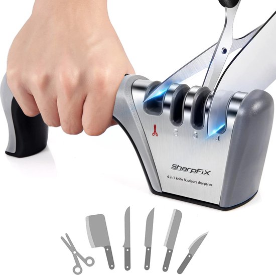 SharpFix Aiguiseur de couteaux 4-en-1 Prime – Aiguiseur antidérapant – Aiguiseur à tirage – Fusil d'aiguisage – Aiguiseur pour ciseaux et aiguiseur de couteaux à 3 étapes en un – Acier inoxydable