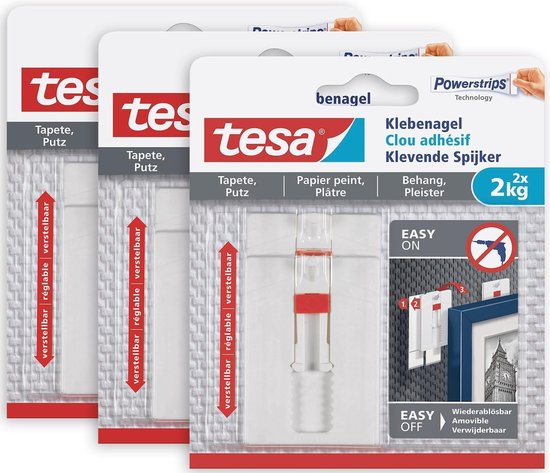 Tesa Plakspijker, verstelbaar, voor op behang en pleisterwerk, zelfklevend, powerstrips 2 x 2 spijkers (1 kg Tesa Plakspijker, verstelbaar, voor op behang en pleisterwerk, zelfklevend, powerstrips 2 x 2 spijkers (1 kg
