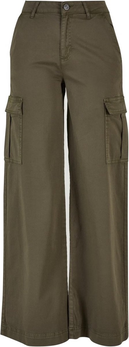 Urban Classics High Waist Wide Leg Twill Cargobroek Taille 34 inch Olijfgroen