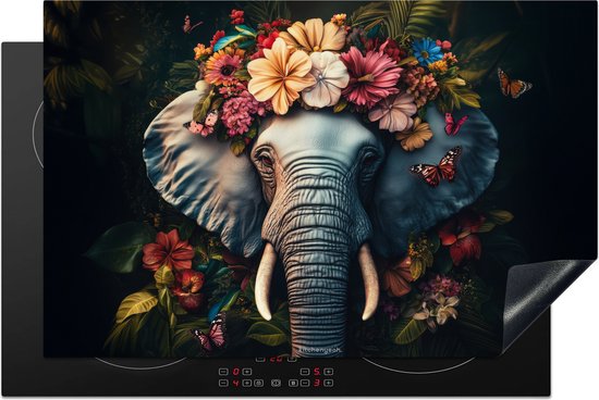 KitchenYeah® Protection plaque induction 80x52 cm - Olifant - Dieren - Bloemen - Natuur - Protege plaque de cuisson - Couvre plaque induction - Protecteur d'induction - Cuisine