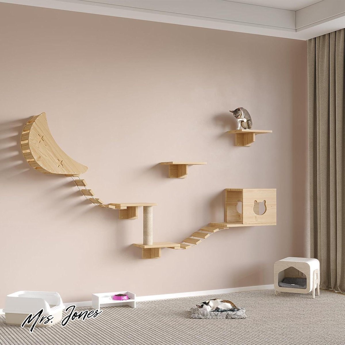 Mrs. Jones Wooden Wall Cat Climbing Set with Hammock - Ideal for Large Cats - Maximum Load 15 kg .