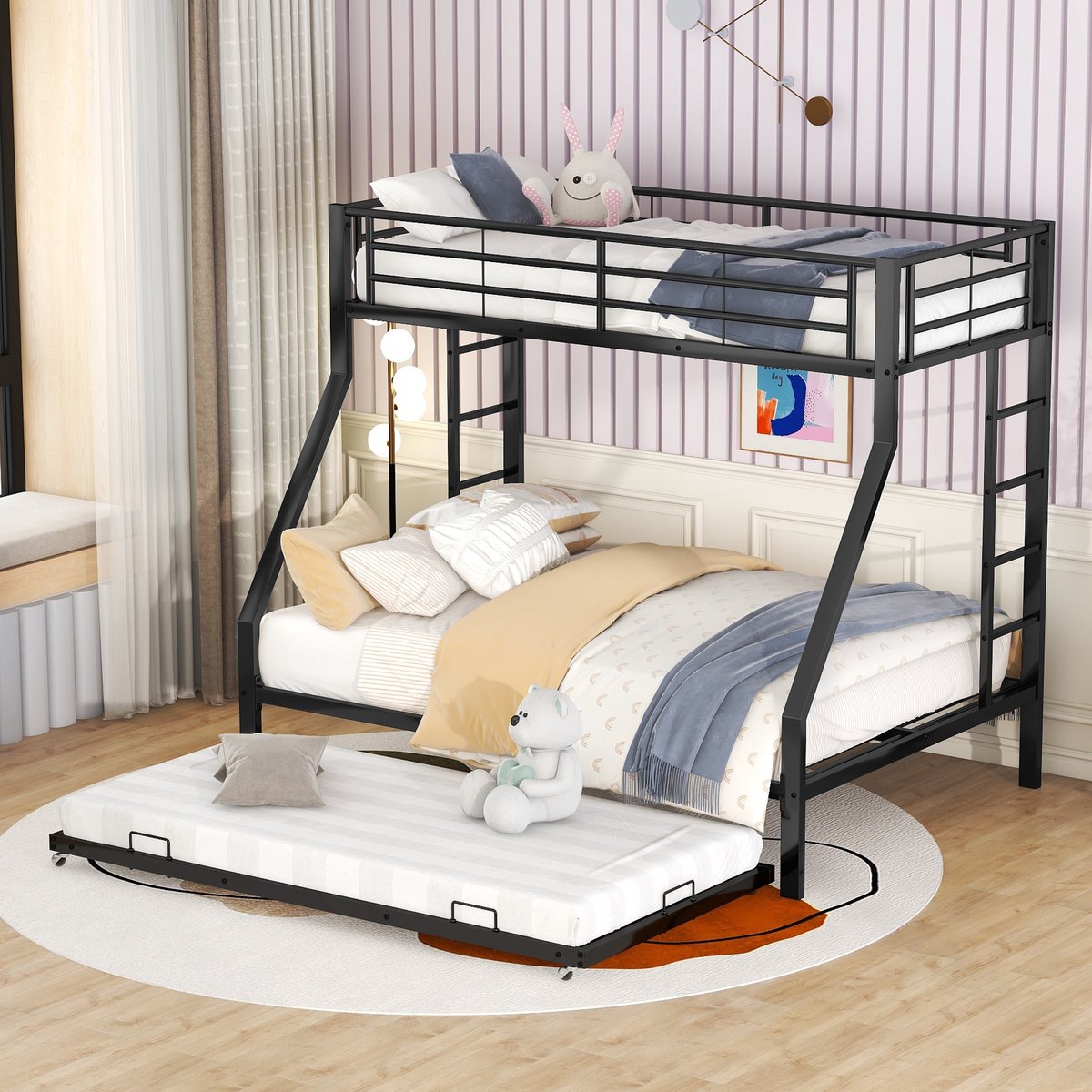 Gutent Kinderstapelbed (Zonder matras), Metalen bed met Uitschuifbaar bed, met Ladder aan beide zijden, geschikt voor kinderen, tieners en volwassenen, 90(140)x200 cm, Zwart