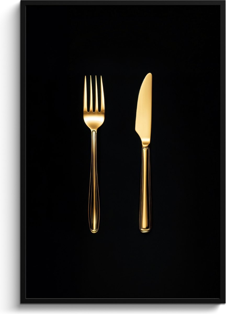 FrameYourWall Fotolijst inclusief poster - Posterlijst 80x120 cm - Posters - Bestek - Goud - Mes - Vork - Foto in lijst - Keuken decoratie muur - Wanddecoratie accessoires - Muurdecoratie - Schilderijen
