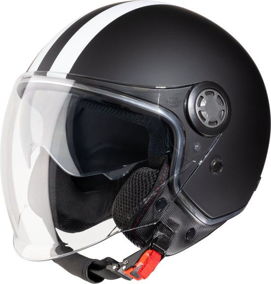 VINZ Parchi Scooterhelm met zonnevizier / Jethelm met streep / Brommer Helm / Motorhelm / Helm Scooter Retro / Snorfiets helm / Snorscooter helm - Geschikt Voor Helmplicht Blauw Kenteken - Mat Zwart - M