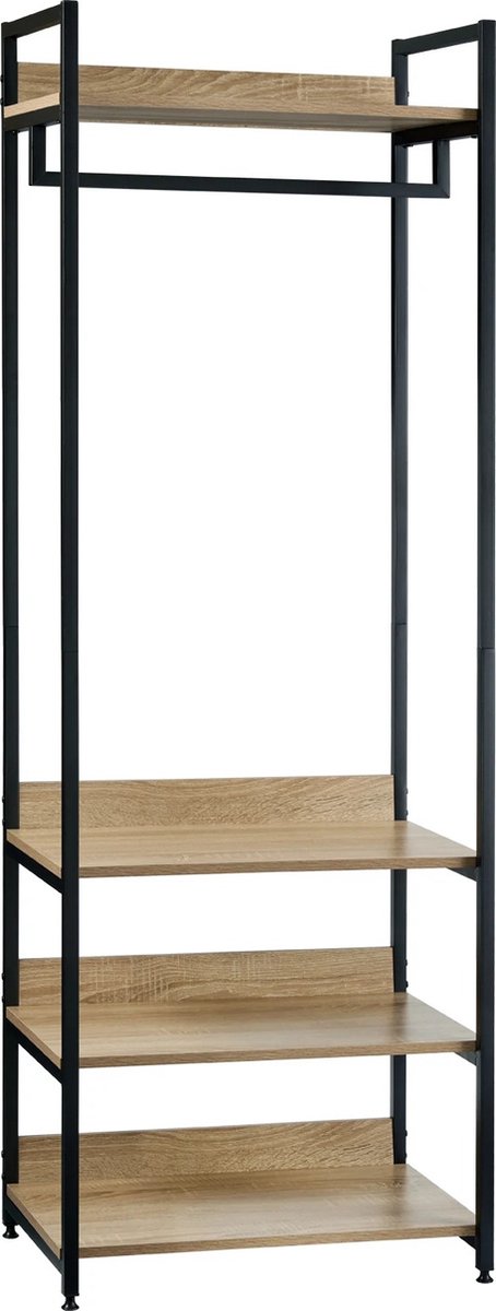 Botec 3 planks wandkapstok - wandkasten - wandkast industrieel - Licht eiken kast met kapstok voor kledinghangers en schoenenrek - 170cm hoog