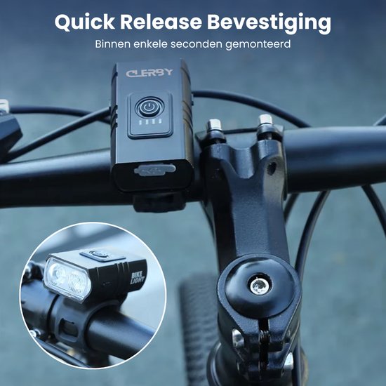 Clerby - Fietsverlichting Set LED - Fietslamp USB Oplaadbaar - Voorlicht en Achterlicht - Fietslicht - USB Oplaadbaar - Fietslampjes - Waterdicht - Zwart — afbeelding 5
