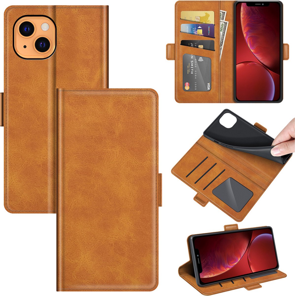MobyDefend Hoesje - Geschikt voor iPhone 13 - Luxe Wallet Book Case (Sluiting Zijkant) - Lichtbruin