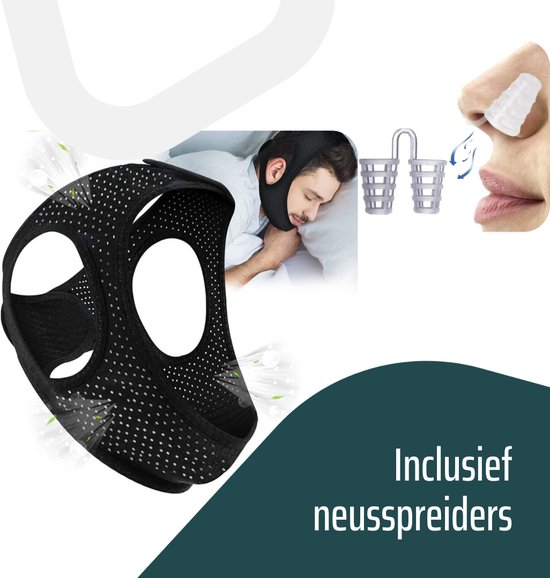 Een zwart antisnurk masker met ventilatiegaatjes, gedragen door een slapende man. Ook twee neusspreiders en een close-up van neusspreiders in een neus.