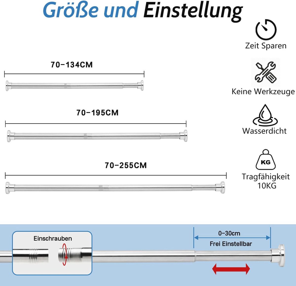 Uittrekbare Douchegordijnstang 70-255 cm zonder Boren Zilver - afbeelding 3