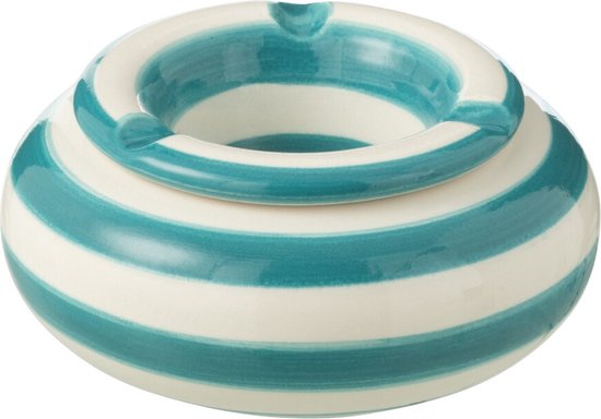 Kleine ronde keramieken asbak met horizontale aqua- en witte strepen.