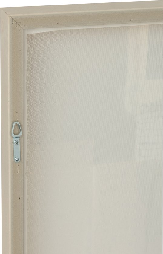 Arrière d'une peinture abstraite avec un cadre en bois et système de suspension, fond blanc cassé.