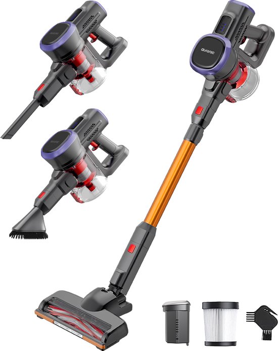 Auronic Steelstofzuiger Draadloos 220W - Draadloze Stofzuiger - HEPA Filter - Zelfstaand - Op Accu - Zonder Zak - Kruimeldief - Vacuum Cleaner - Grijs/Oranje