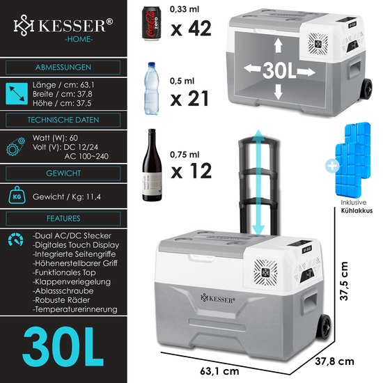 KESSER® Compressor Koelbox Elektrische Vriezer 30 Liter met APP-bediening, USB 12/24V 230V en telescopische stang Wielen - Frigobox tot -20 °C voor auto, vrachtwagen, boot, camper en camping, Grijs van KESSER — afbeelding 3