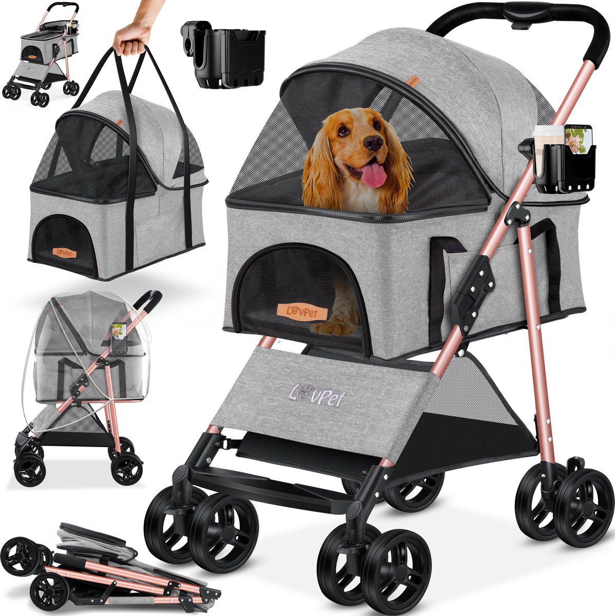 LOVPET® Hondenbuggy 2in1 Huisdieren Wandelwagen Buggy met Transporttas Opvouwbaar tot 20 kg Hondenwandelwagen met Gaasramen & Regenhoes Jogger Kattenbuggy voor Kleine Honden Katten Hondenbox - Lichtgrijs – foto 4