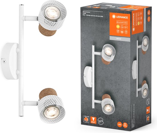 LEDVANCE DECOR SPOT CORK, 2 x 3,4W, 460lm, wit, spot, verstelbare koppen, veelzijdig gebruik, interieurspot, vervangbare ledlampen, dimbaar, warm witte lichtkleur, GU10