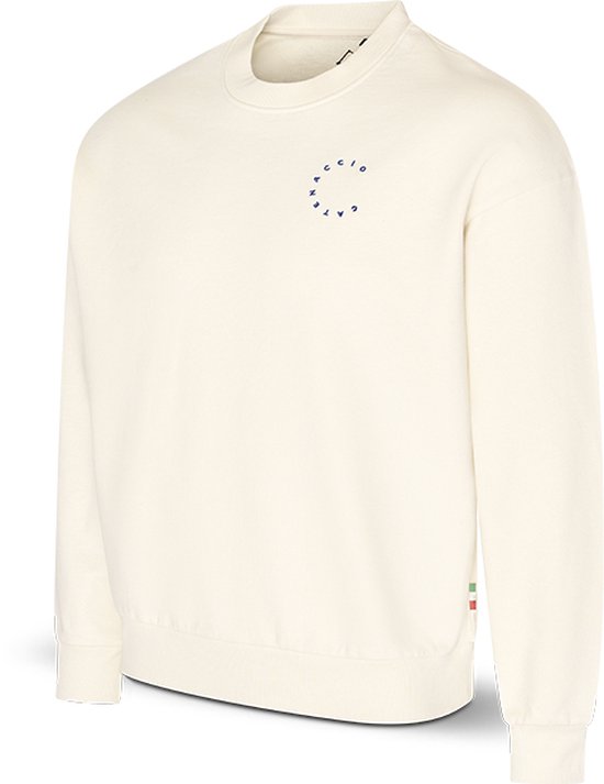 Off-white oversized sweater met ronde hals, Italiaanse vlagdetail en blauwe tekst.